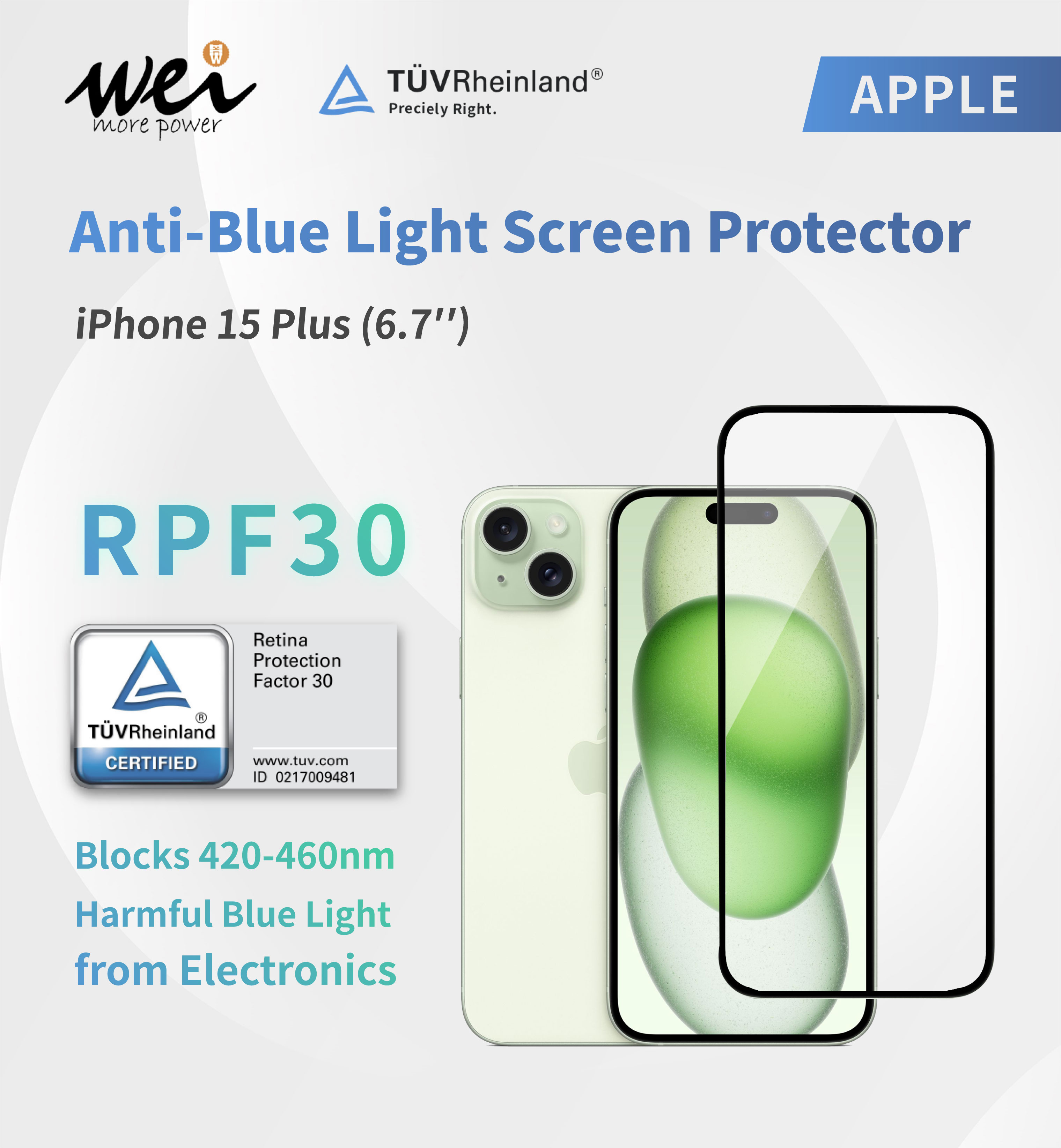 iPhone 15 Plus | TÜV Rheinland RPF30, 2.5D Full-Screen Glass Protector