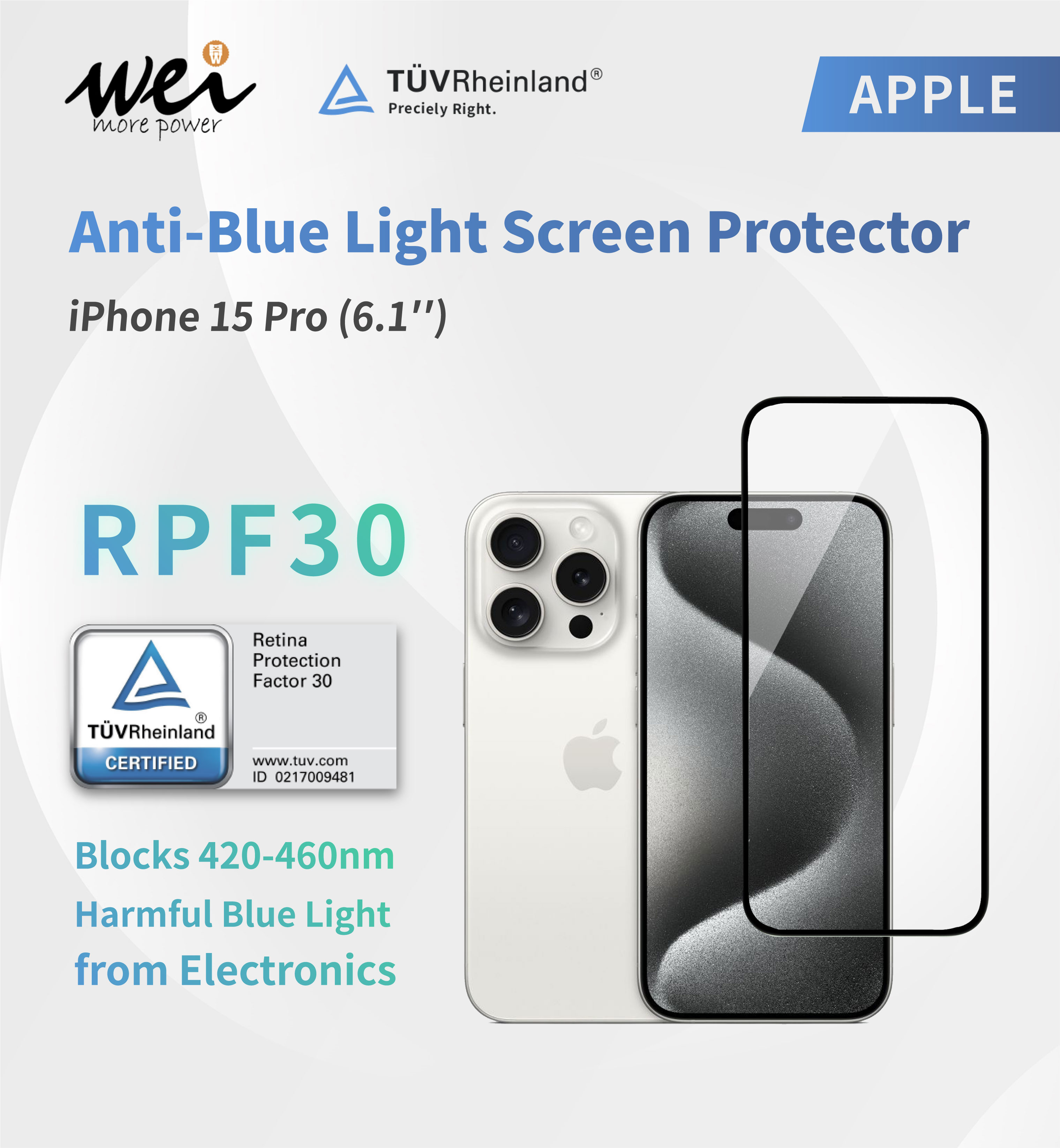 iPhone 15 Pro | TÜV Rheinland RPF30, 2.5D Full-Screen Glass Protector