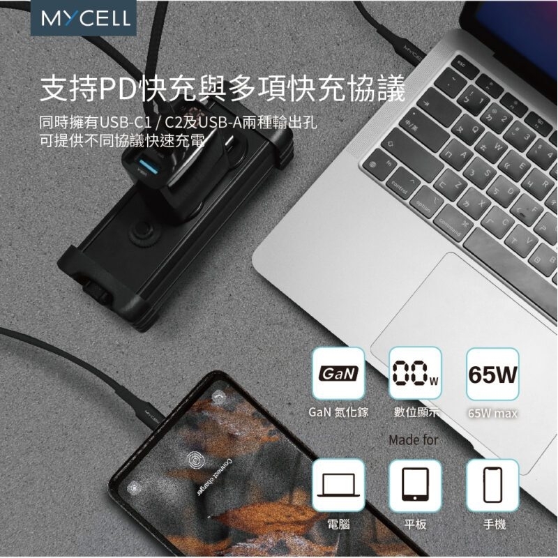 膜力威 Mycell 65W 數顯GaN氮化鎵智能充電器+TypeC to C編織充電線(2M) PD充電組合包